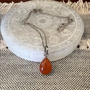 Sterling Teardrop Carnelian Pendant Necklace - Orange